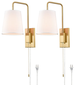 Gold Fabric Shade Wall Sconce Bedroom Plug-in Wall Lamp Set of 2