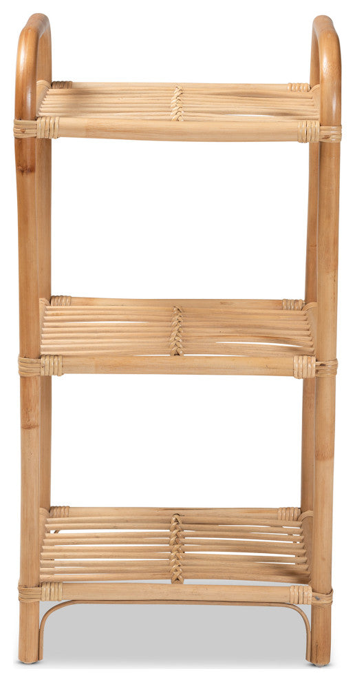 Hollis Modern Bohemian Natural Brown Finished Rattan 3-Tier Display Shelf