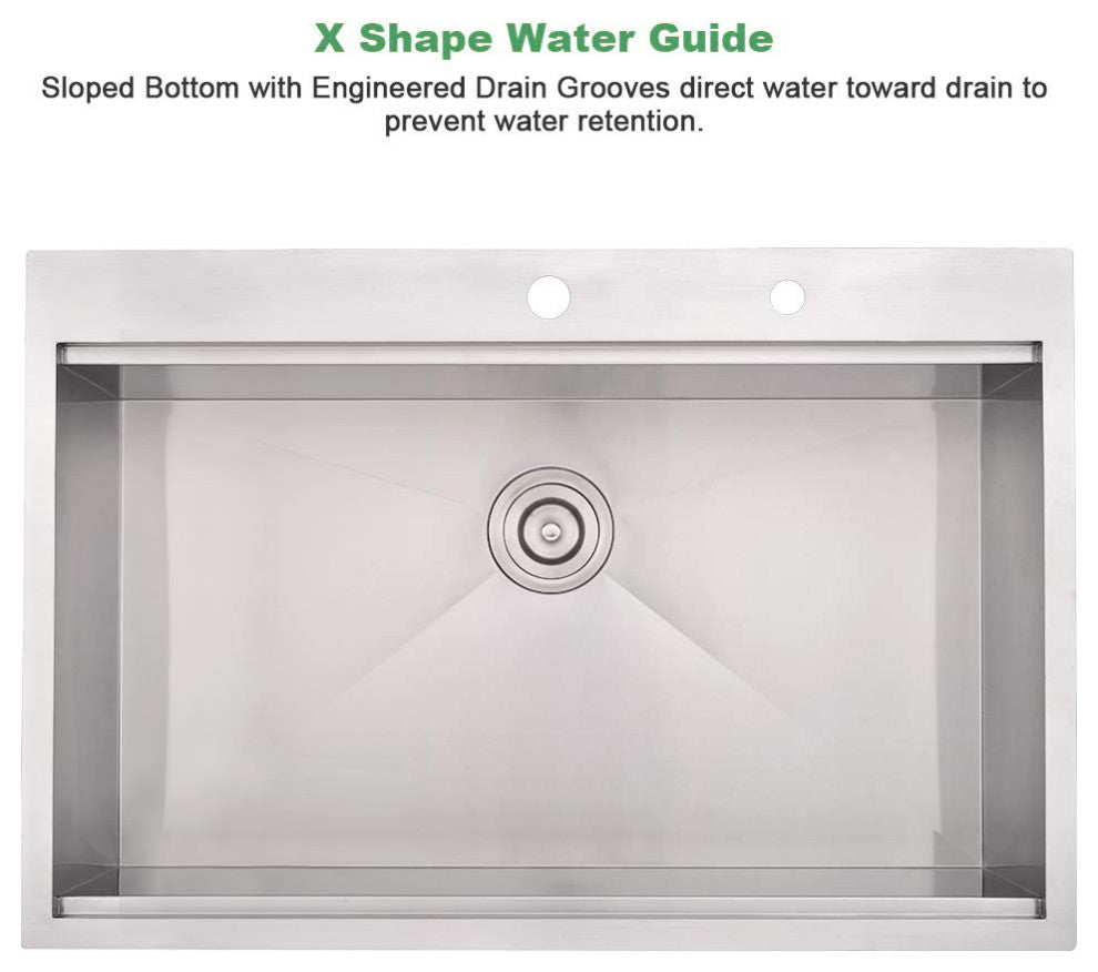 33" L X 22" W Premium Stainless Steel Kitchen Sink, Brushed Nickel