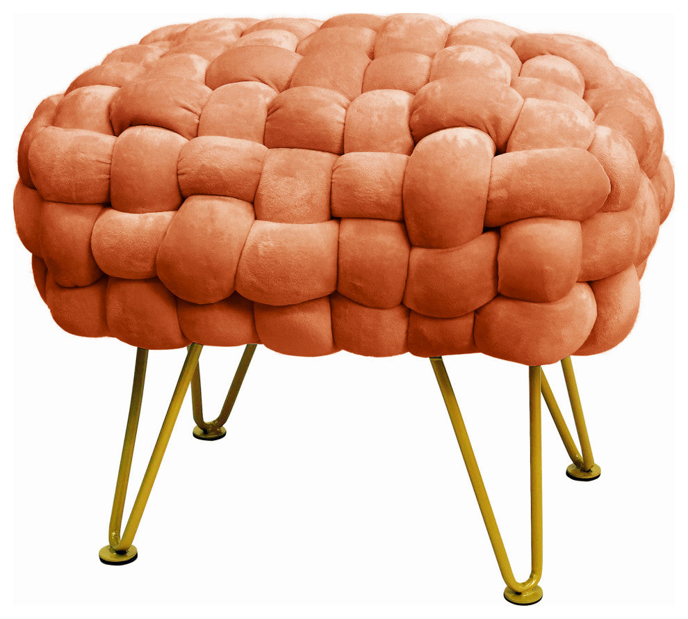 Velvet Pouf Stool Ottoman, Burnt Orange, 27''x20''x20''