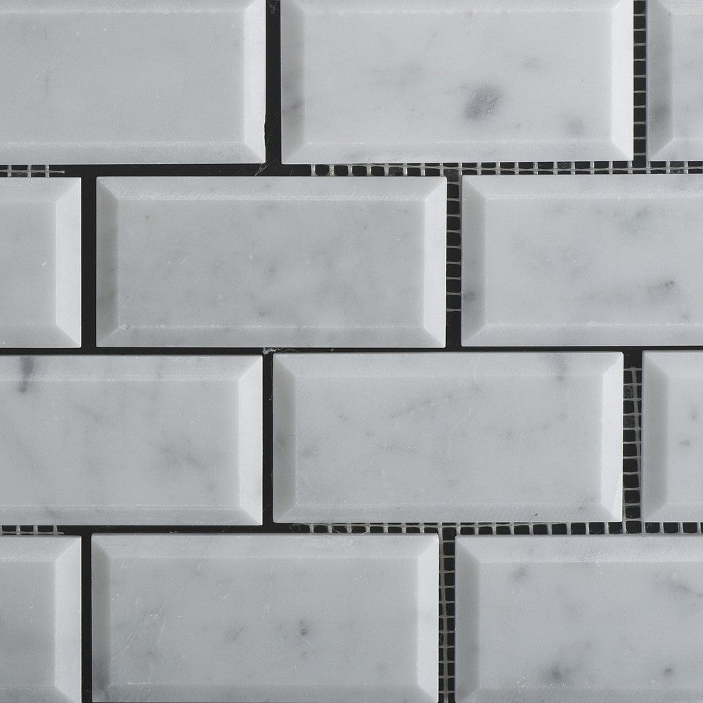 2 X 4 Carrara White Marble Polished & Beveled Brick Mosaic Tile