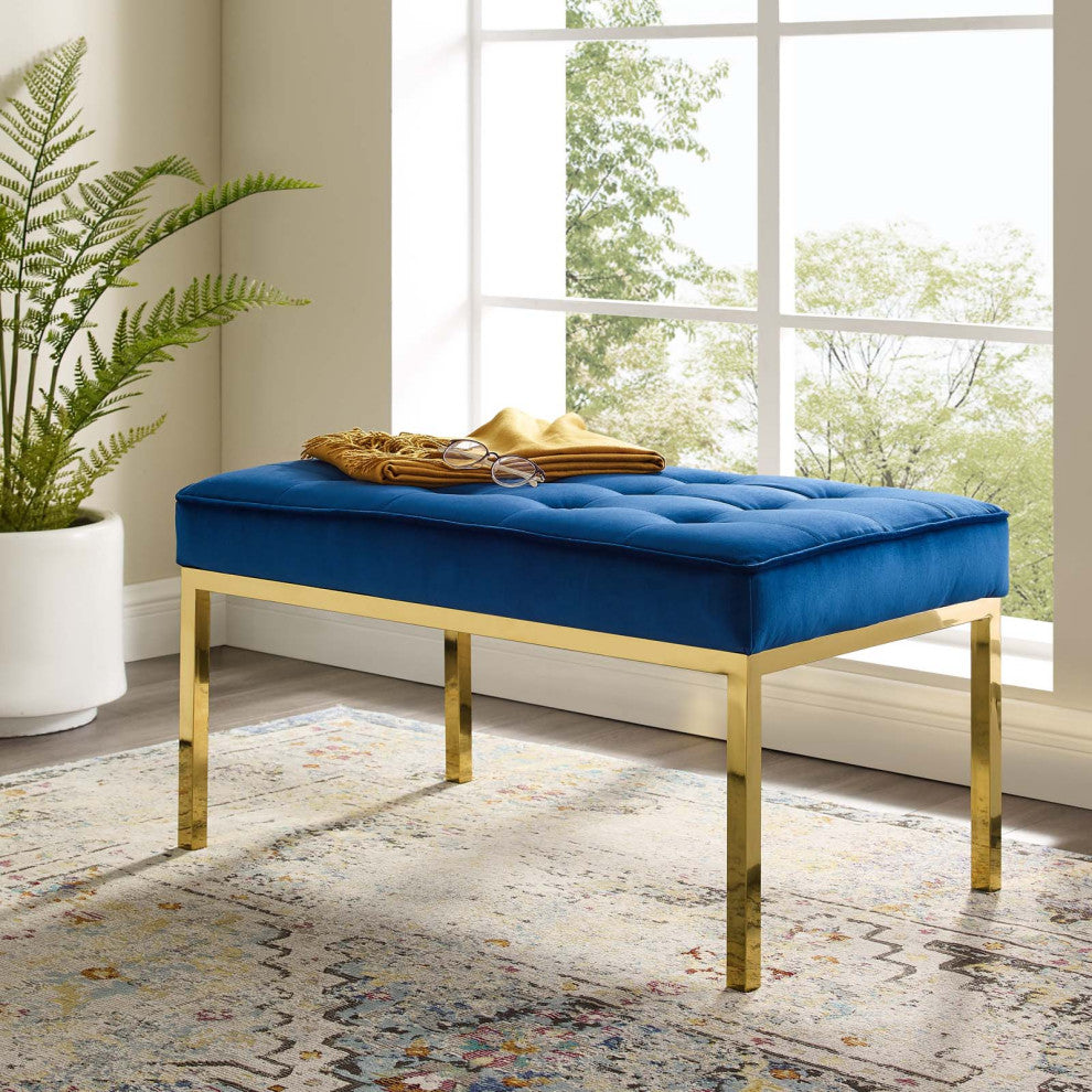 Modern Designer Lounge Accent Chair Bench, Velvet Fabric, Gold Blue Navy
