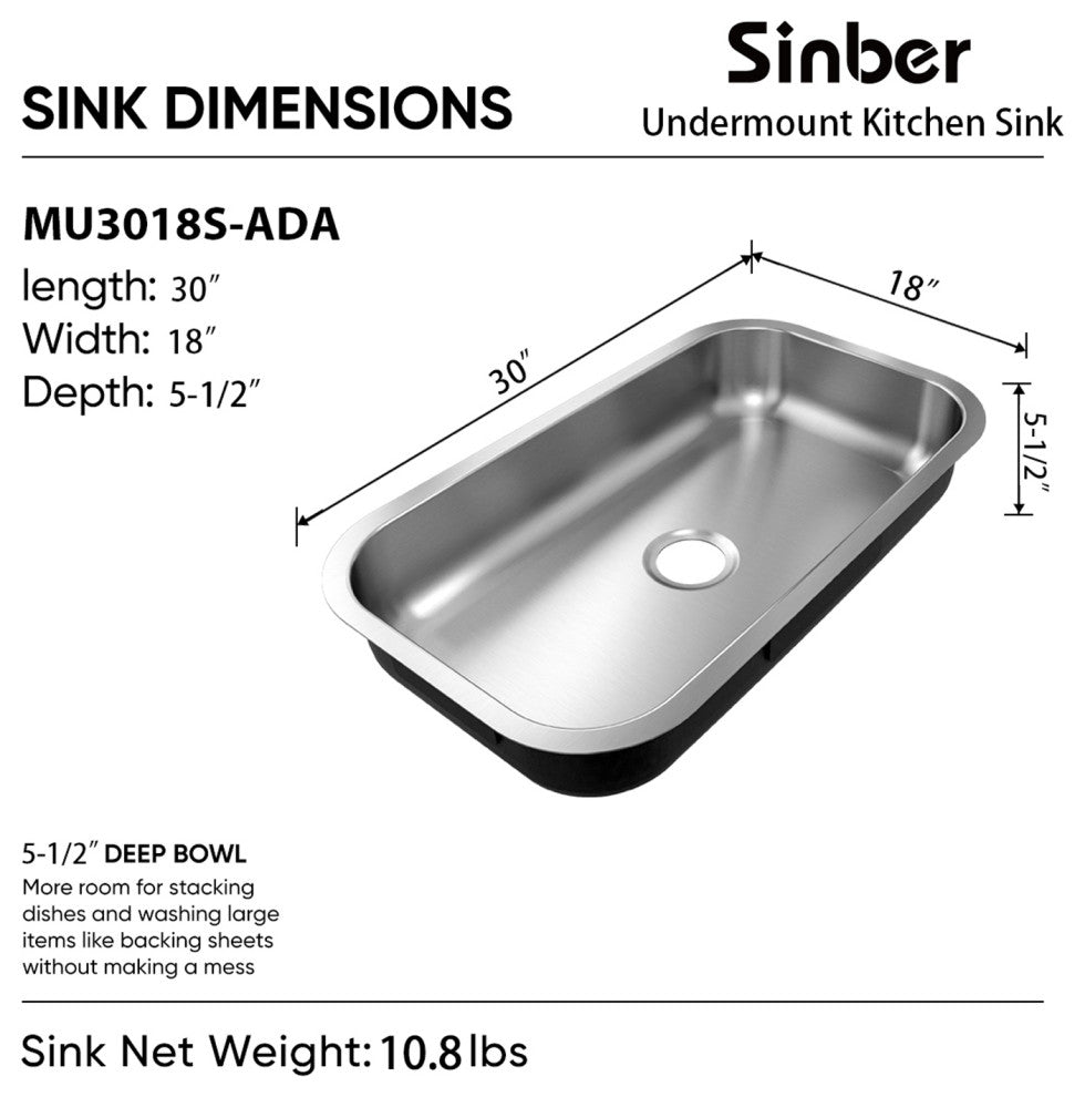 Sinber 30" Undermount Single Bowl 304 Stainless Steel Kitchen Sink