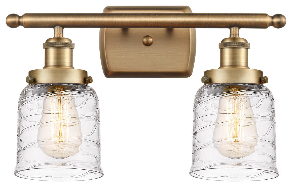 Small Bell 2 Light Bath Vanity Light, Brushed Brass, Deco Swirl