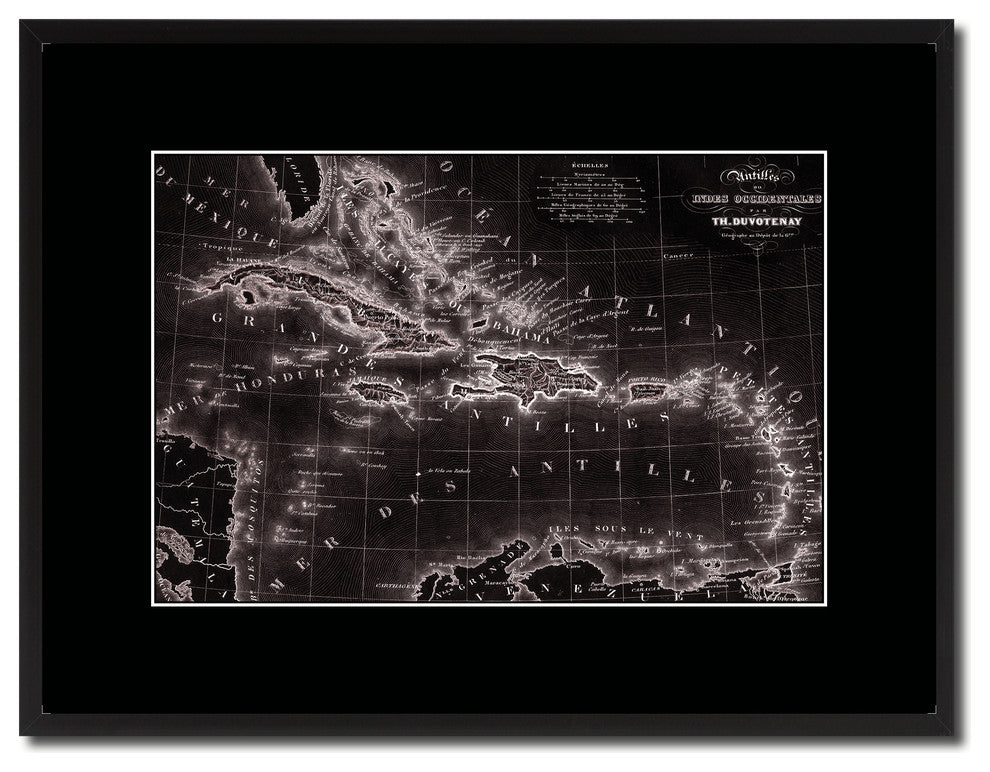 West Indies Caribbean Old Vivid Sepia Map Print On Canvas With Frame, 16" X 21"