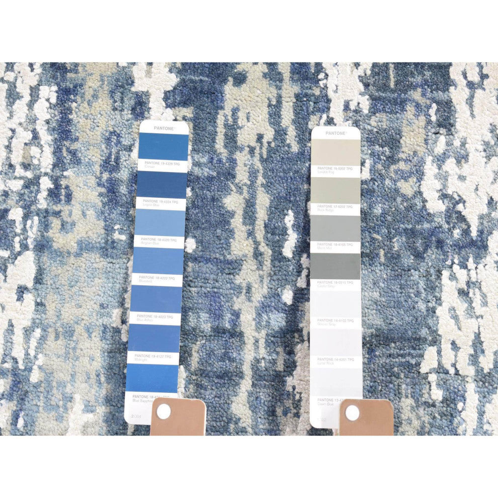 Wool and Real Silk Hand Knotted Blue Abstract Design Runner Rug, 4'1" x 10'2"