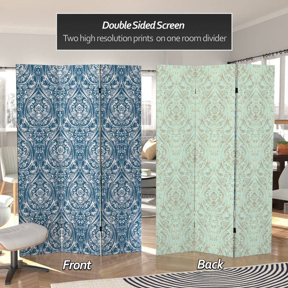 6' Tall Double Sided Ocean Damask Canvas Room Divider