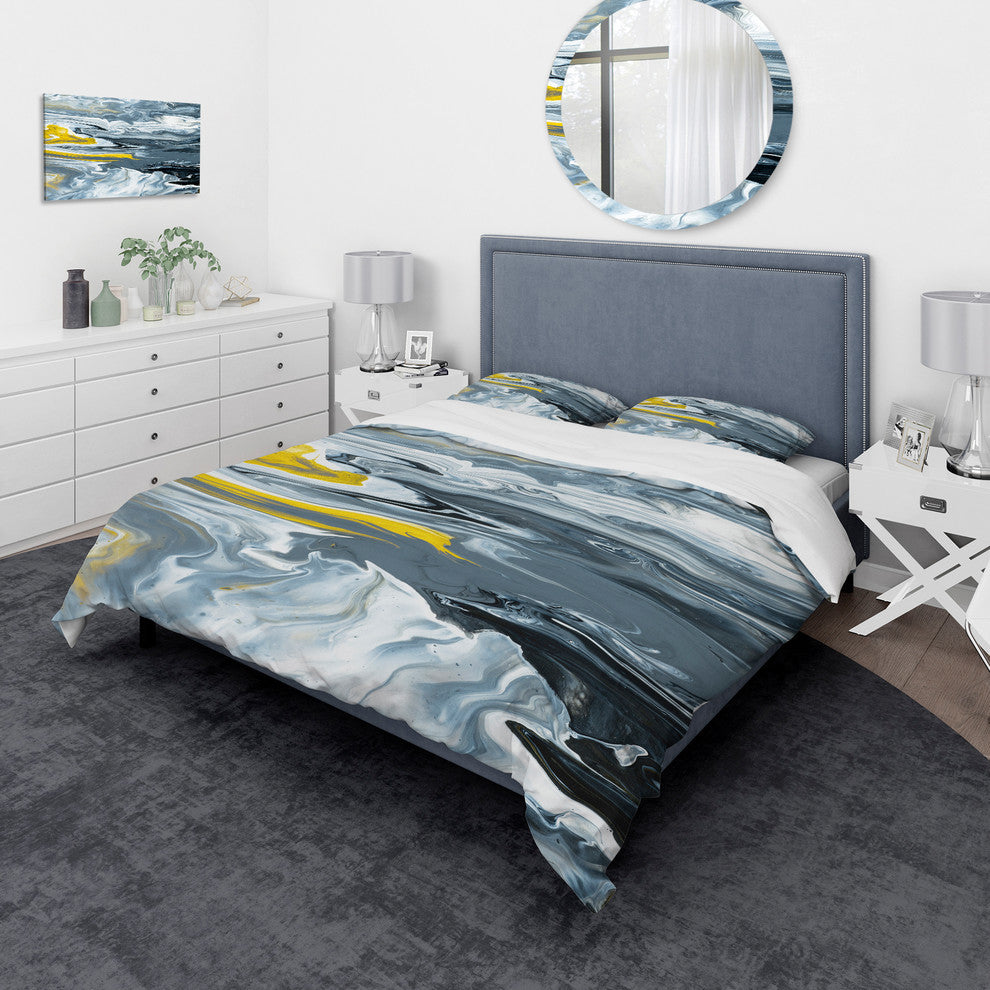 Yellow Gray and White Marble Mid-Century Bedding, Queen