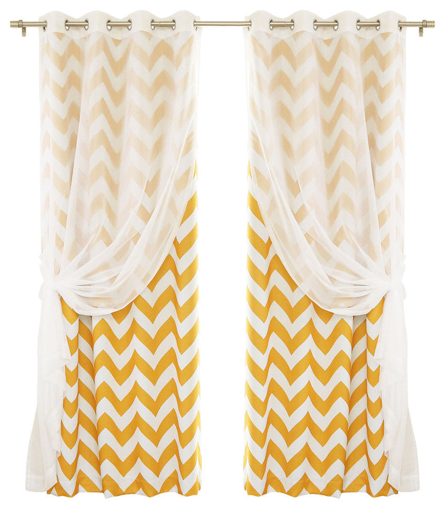Mix and Match 4-Piece Sheer Voile and Chevron Stripe Curtain Set, Yellow