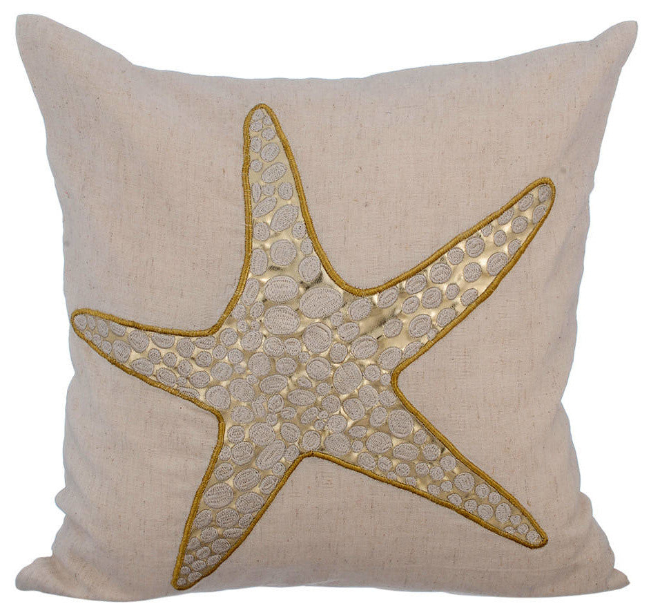 Throw Pillow Covers 24" x 24"  Beige Cotton Sea Creatures - Gold Scaly Starfish