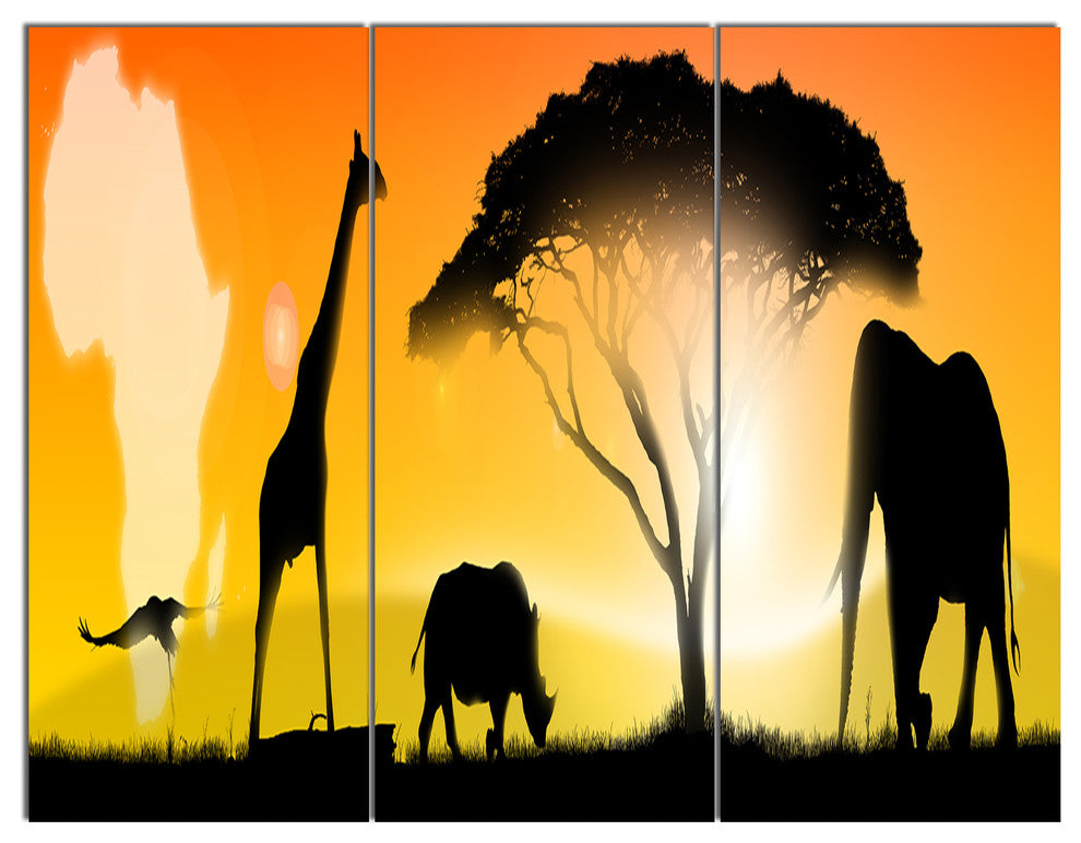 African Wildlife Panorama, African Triptych Canvas Art Print, 36x28, 3 Panels