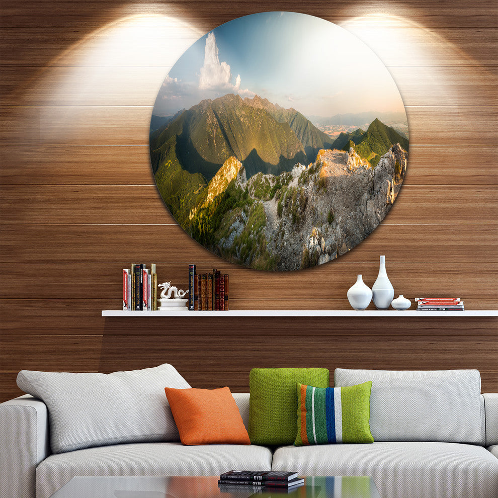 Rocky Green Mountains Panorama, Landscape Disc Metal Artwork, 36"