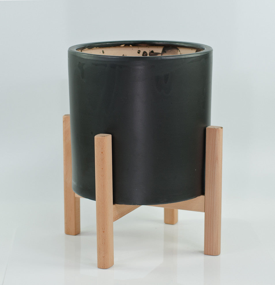 Extra Large Ceramic Cylinder Pot 13'' Black With Plant Stand Set Natural Color
