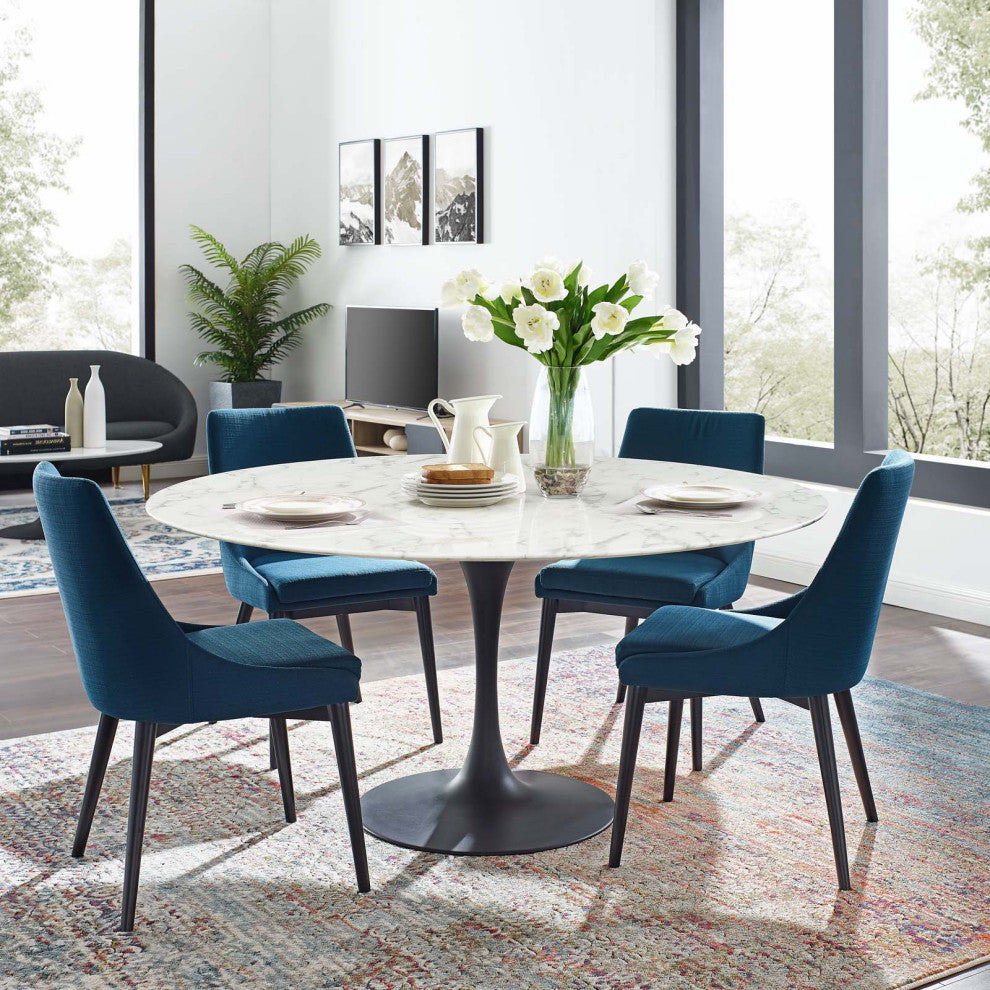 Modern Room Round Dining Table, Artificial Marble Stone Metal, Black White