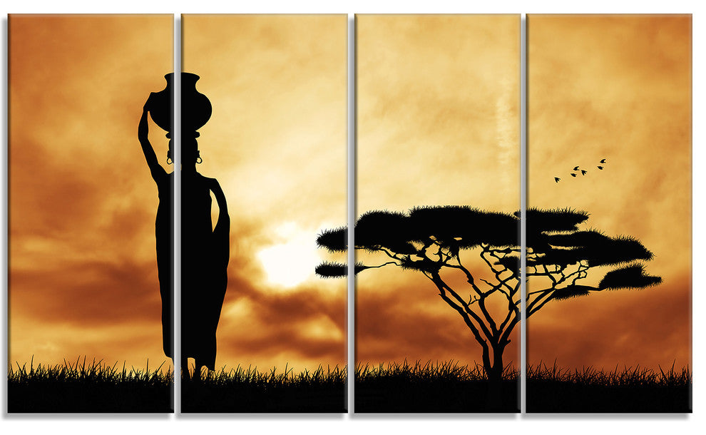 African Woman and Lonely Tree, African Landscape Canvas Print, 48"x28", 4 Panels