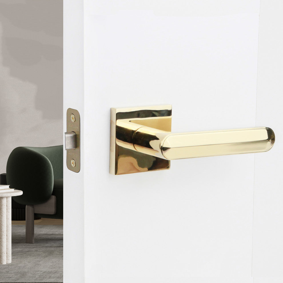 Modern Heavy Duty Designer Interior Door Lever - Beaux Collection, Polished Brass, Privacy Right Hand