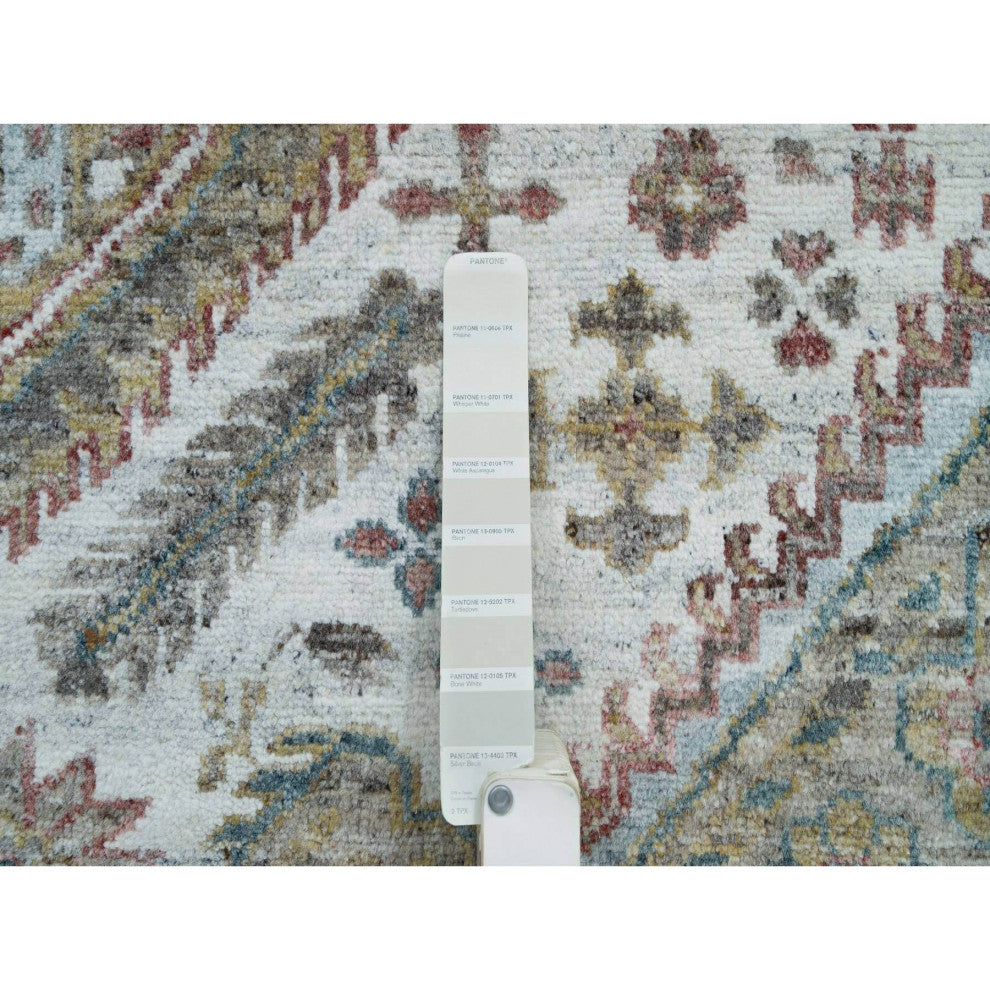 Vista White Unique Flower Rosettes Border Hand Knotted Oriental Rug 8'10"x11'10"