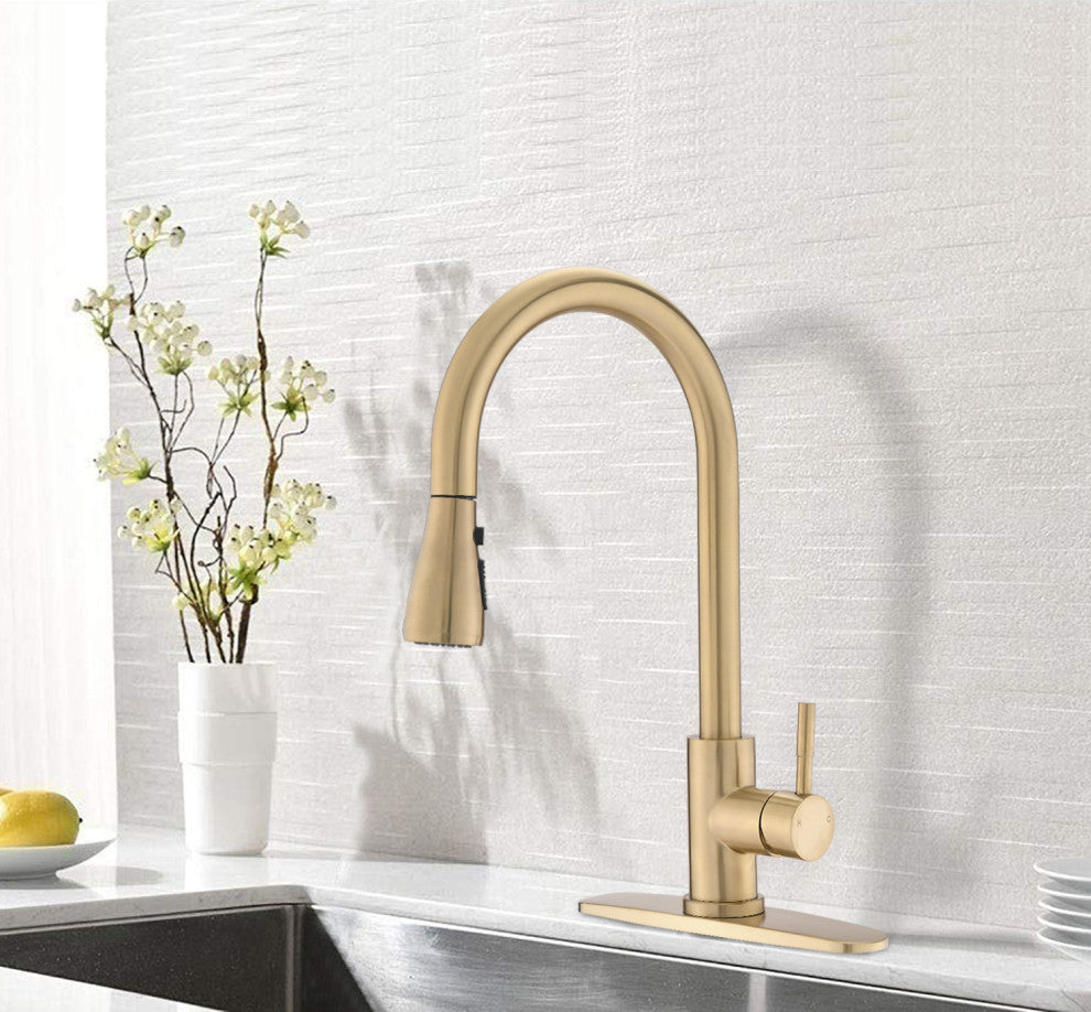 Pull Down Single Handle Kitchen Faucet, Brushed Gold