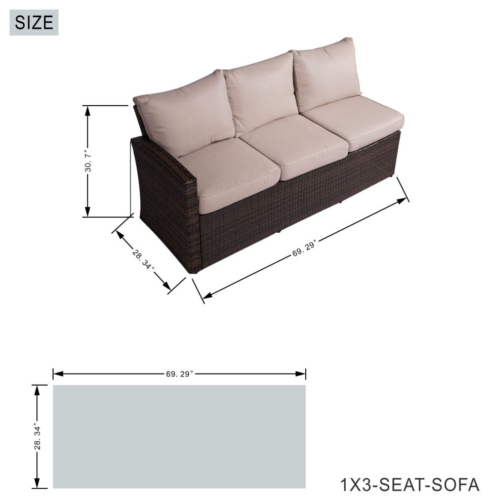 7-Piece Outdoor Gray Wicker Sofa Set with Chairs, Brown Fire Pit Table