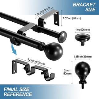 Ball Adjustable Double Curtain Rod Set, 5/8", Black, 28"-48"