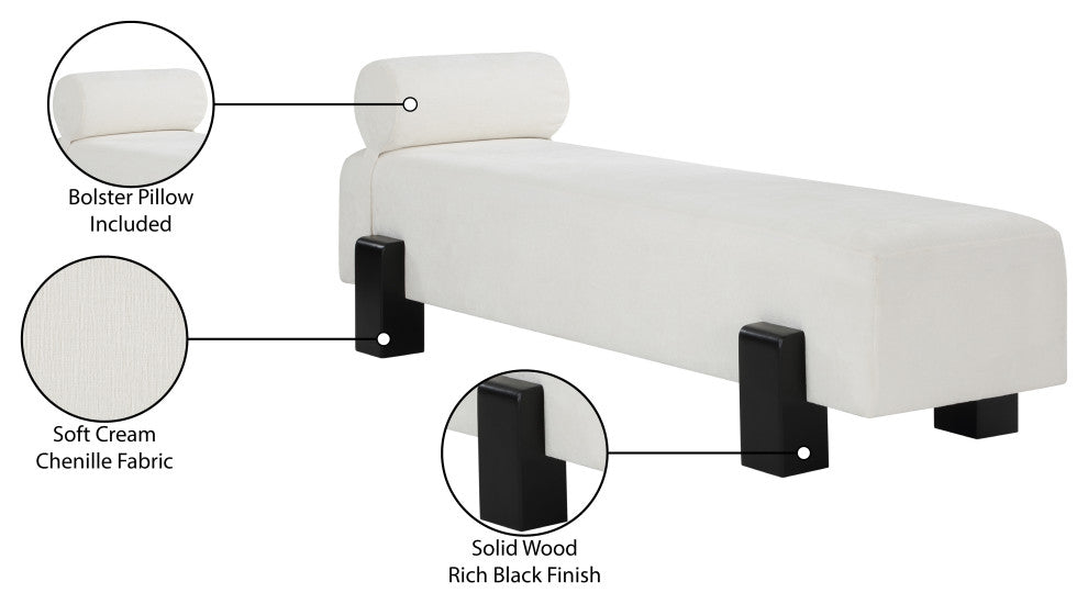 Edison Chenille Fabric Upholstered Bench, Cream, Black Finish