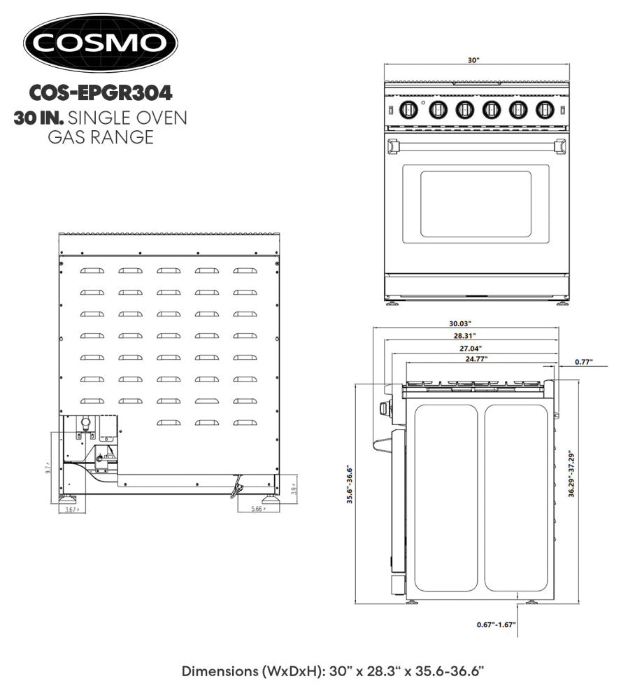 30" Freestanding Range with 5 Gas Sealed Burners & Convection Oven