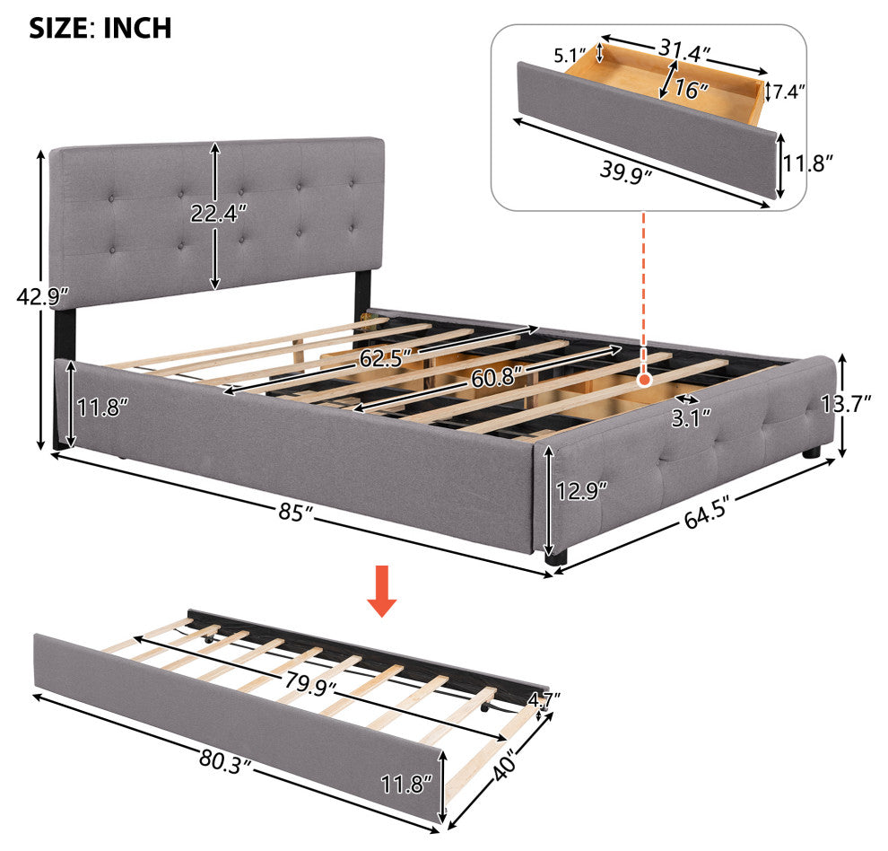 Queen Wood Frame Platform Bed with Drawers and Twin XL Trundle, Grey, Queen