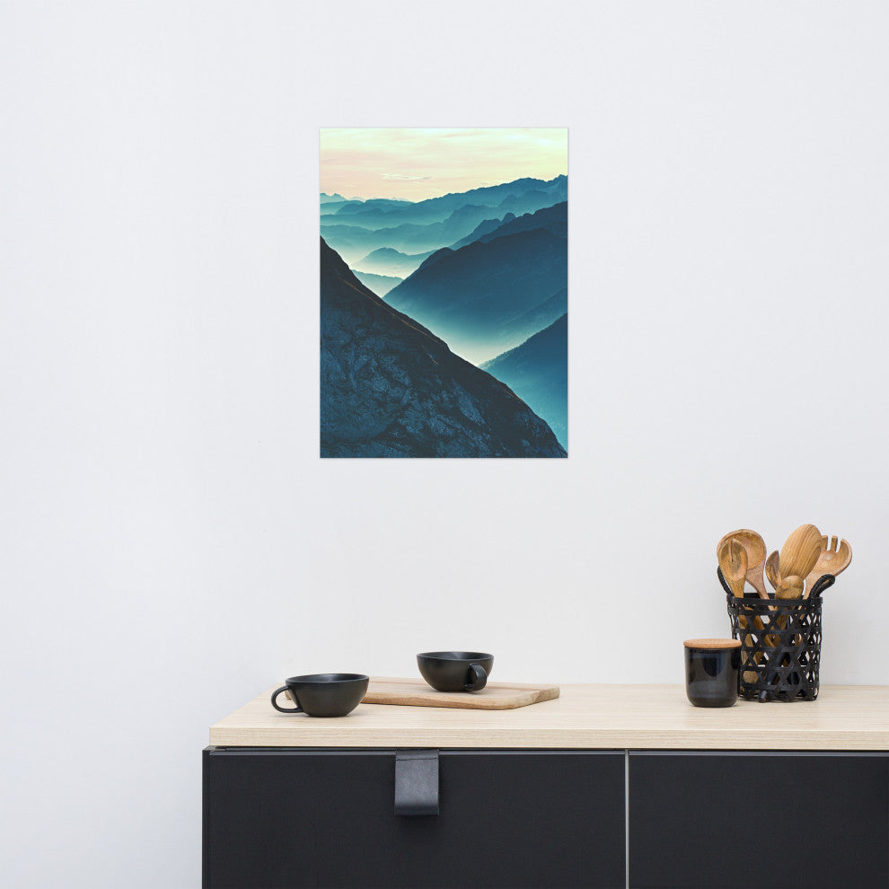 Misty Blue Silhouette Mountain Range Landscape Photo Unframed Wall Art Prints, 18" X 24"