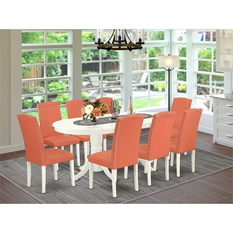 9-Piece Kitchen Set, Table With Leaf and 8-Parson Chair Color Pink Flamingo