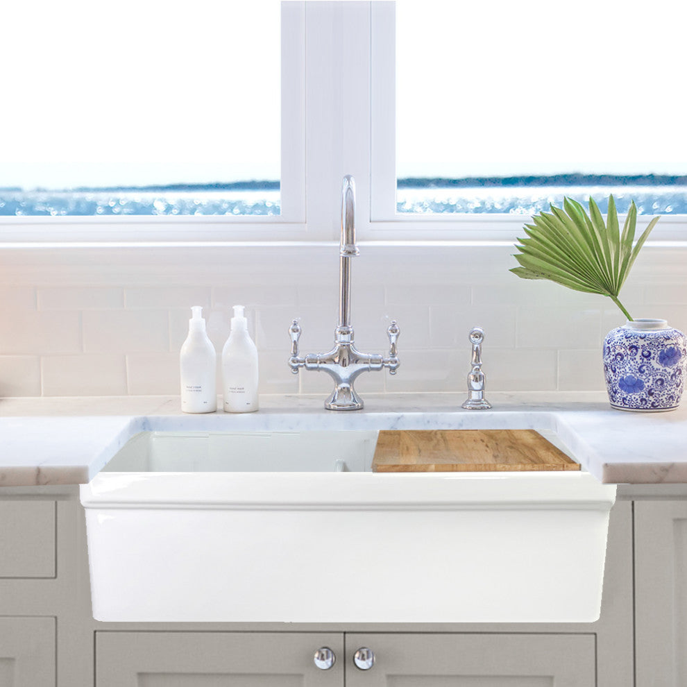 33" Double Bowl Workstation Fireclay Apron Sink With Cutting Board