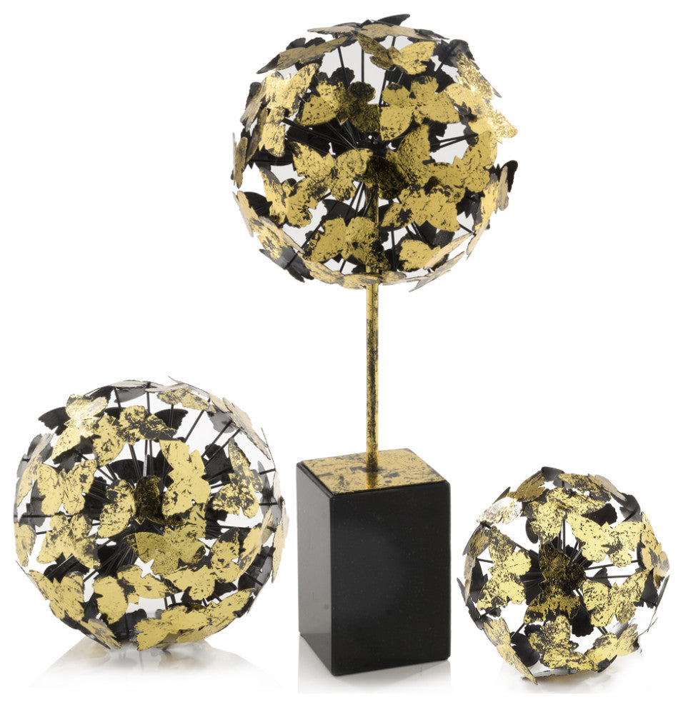HomeRoots 6" x 6" x 6" Black Gold Leaf Butterfly Sphere