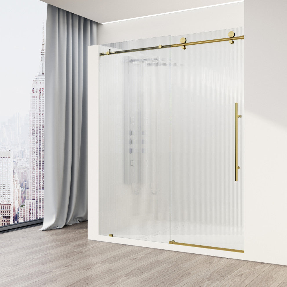 VIGO Elan E-Class 56" to 60" W x 76" H Frameless Sliding Shower Door, Matte Brushed Gold, Fluted Glass, Right