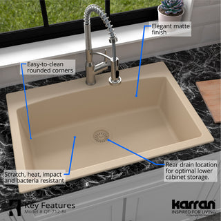 Karran Drop-In Quartz Composite 33" 1-Hole Single Bowl Kitchen Sink Kit, Bisque