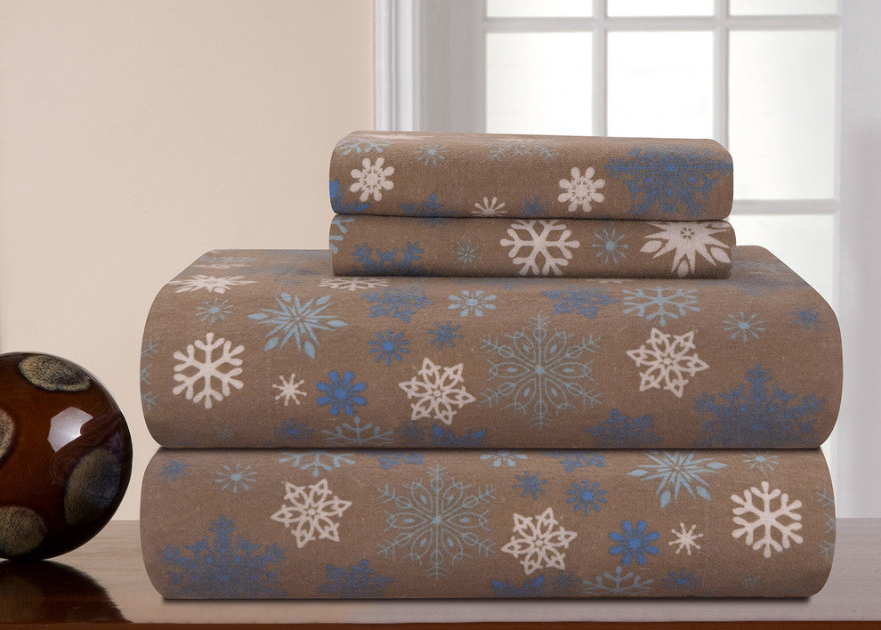 Pointehaven 170 Flannel Sheet Set, Snow Flakes Brown, Twin Xl