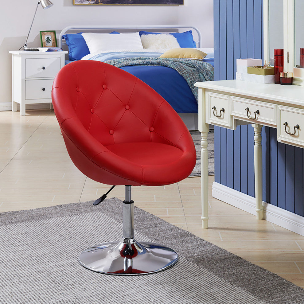 Button Tufted Swivel PU Leather Papasan Chair, Red