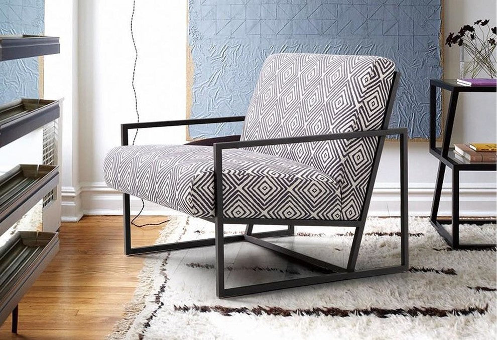 Geometric Pattern Fabric Upholstered Accent Chair with Metal Sled Base, Black
