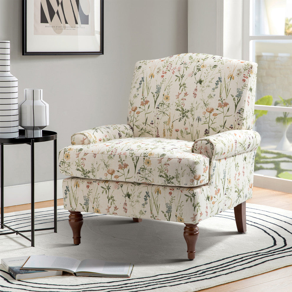 Armchair,Upholstered armchair with floral pattern, mid-century style., Spring