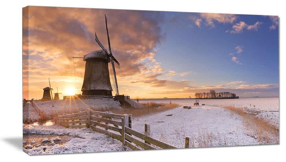 Dutch Windmills at Sunrise, Abstract Canvas Art Print, 32x16
