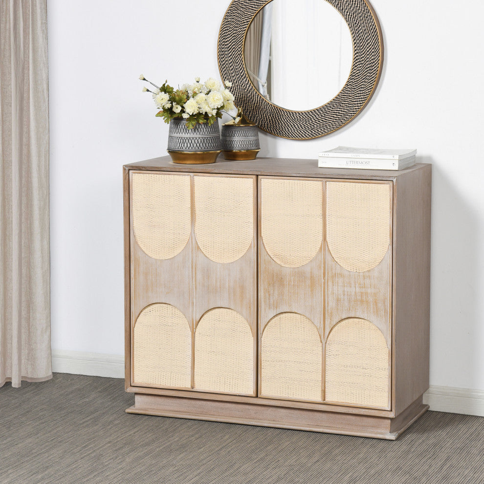 Melrose Cabinet-Two Woven Cane Doors-Light Bisque Finish-White Wash Top Coat