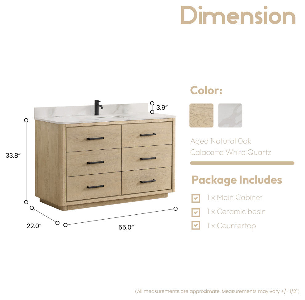Porto Bath Vanity with White Quartz Stone Top, Natural Oak, 55 in., No Mirror