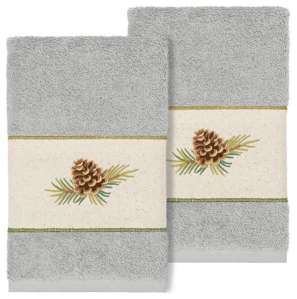 Linum Home Turkish Cotton Pierre 2-Piece Embellished Hand Towel Set, Light Gray
