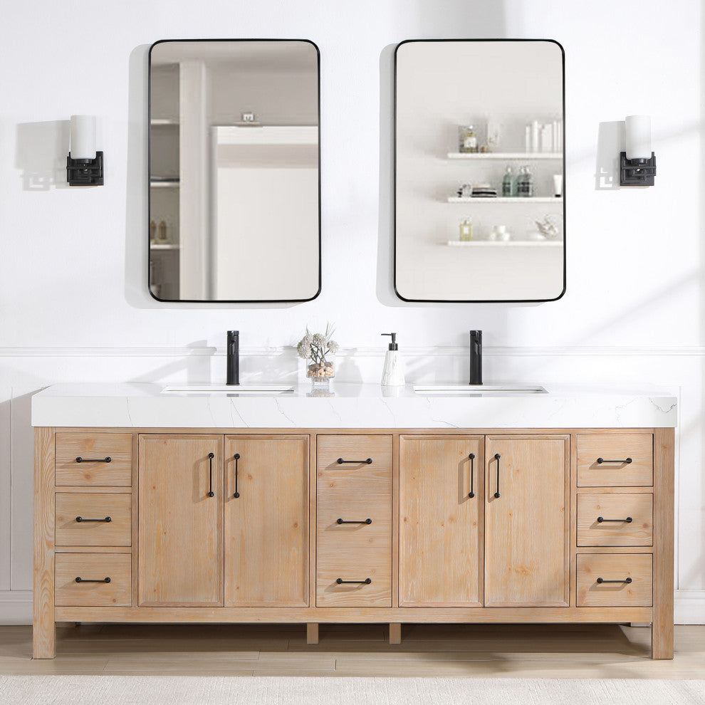 Leon Bath Vanity With Composite Stone Top, Fir Wood Brown, 84", No Mirror