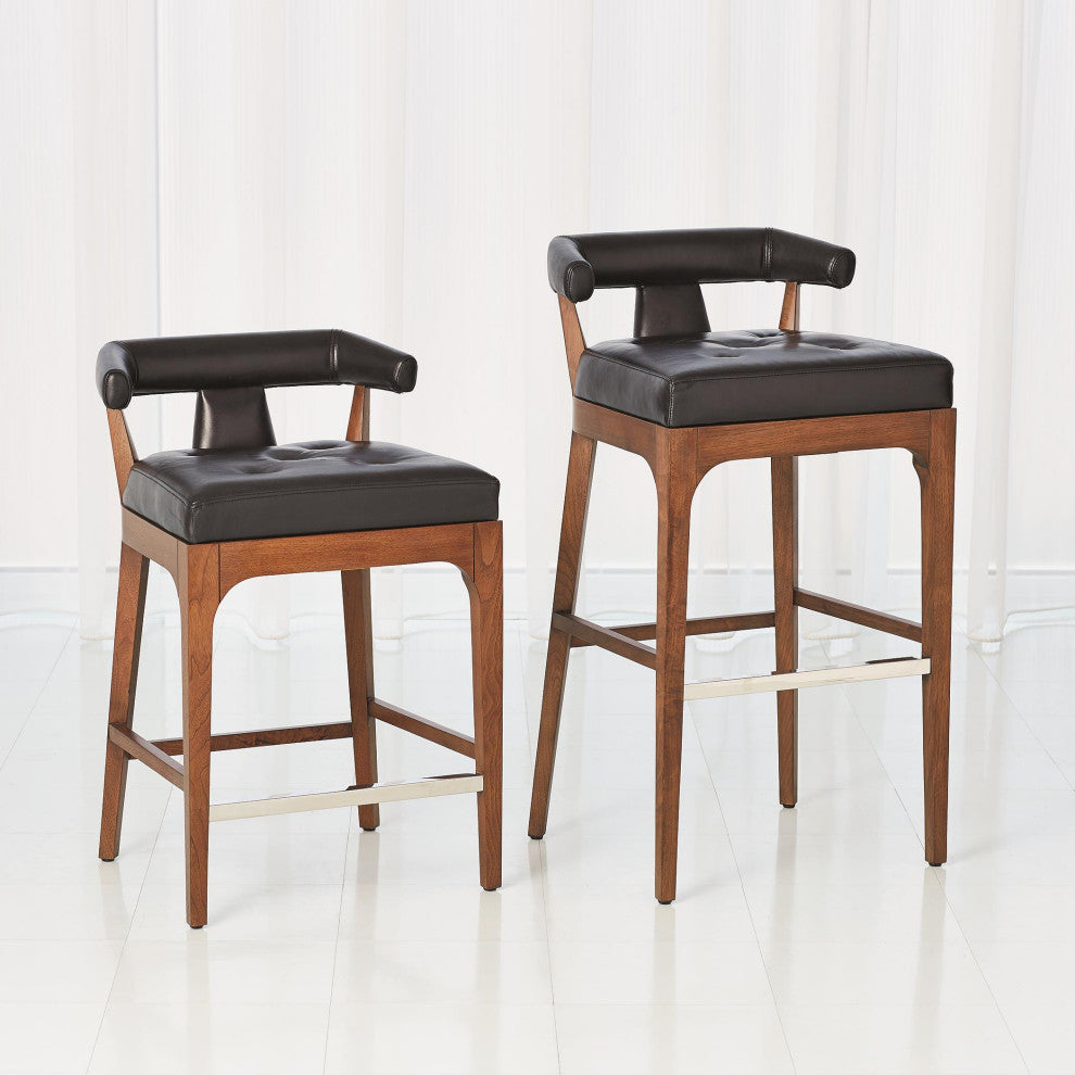 Luxe Sleek Contemporary Black Leather Bar Stool 32" Open T Back Walnut Wood