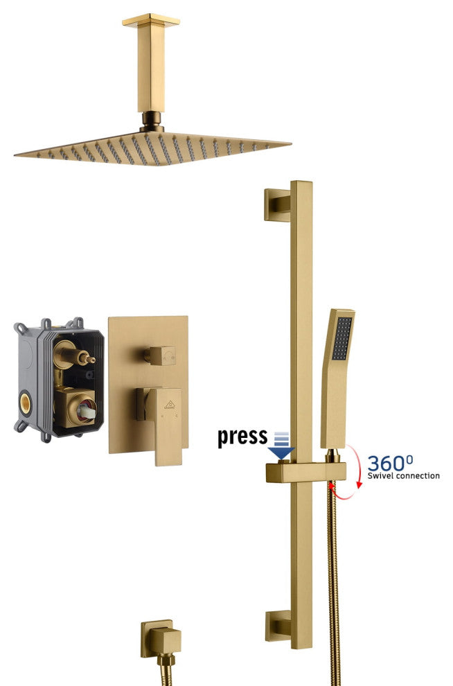 CASAINC 10" Ceiling Mounted Shower System Set w Sliding Handheld Rod, Brushed Gold