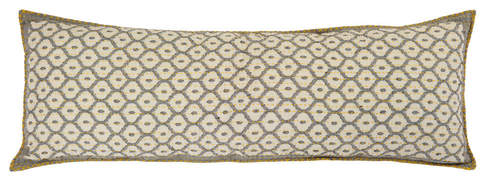 Artisan Hand Loomed Cotton Lumbar Pillow Cover, Gray, Yellow Stitching, 16"x48