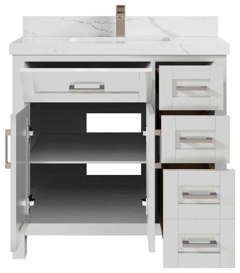 Cambridge 36 Center Sink Bath Vanity in Coventry Gray 2" Calacatta Laza