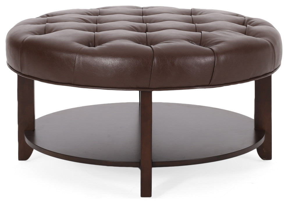 Baynes Faux Leather Tufted Wood Round Ottoman, Open Shelf, Dark Brown + Espresso