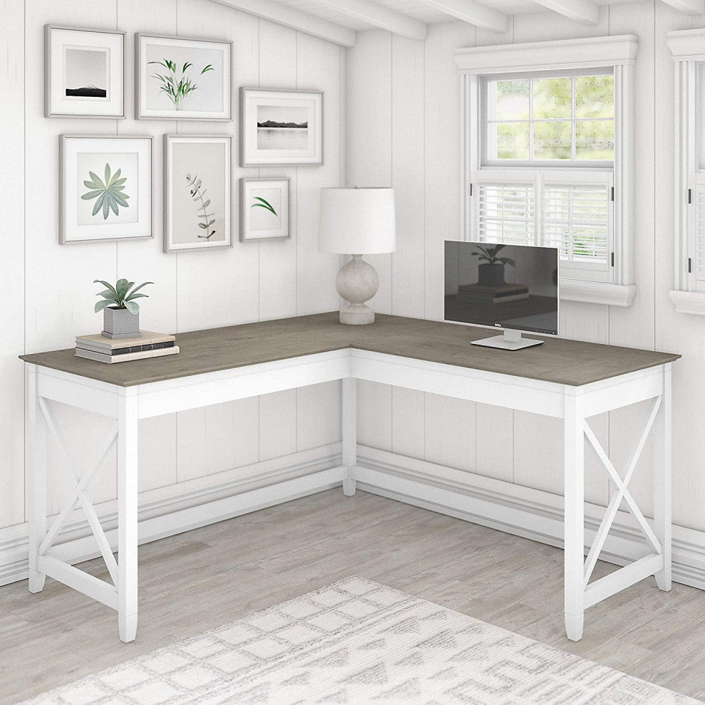 L Shaped Desk, Pure White Body With X-Shaped Side Accents and Shiplap Gray Top