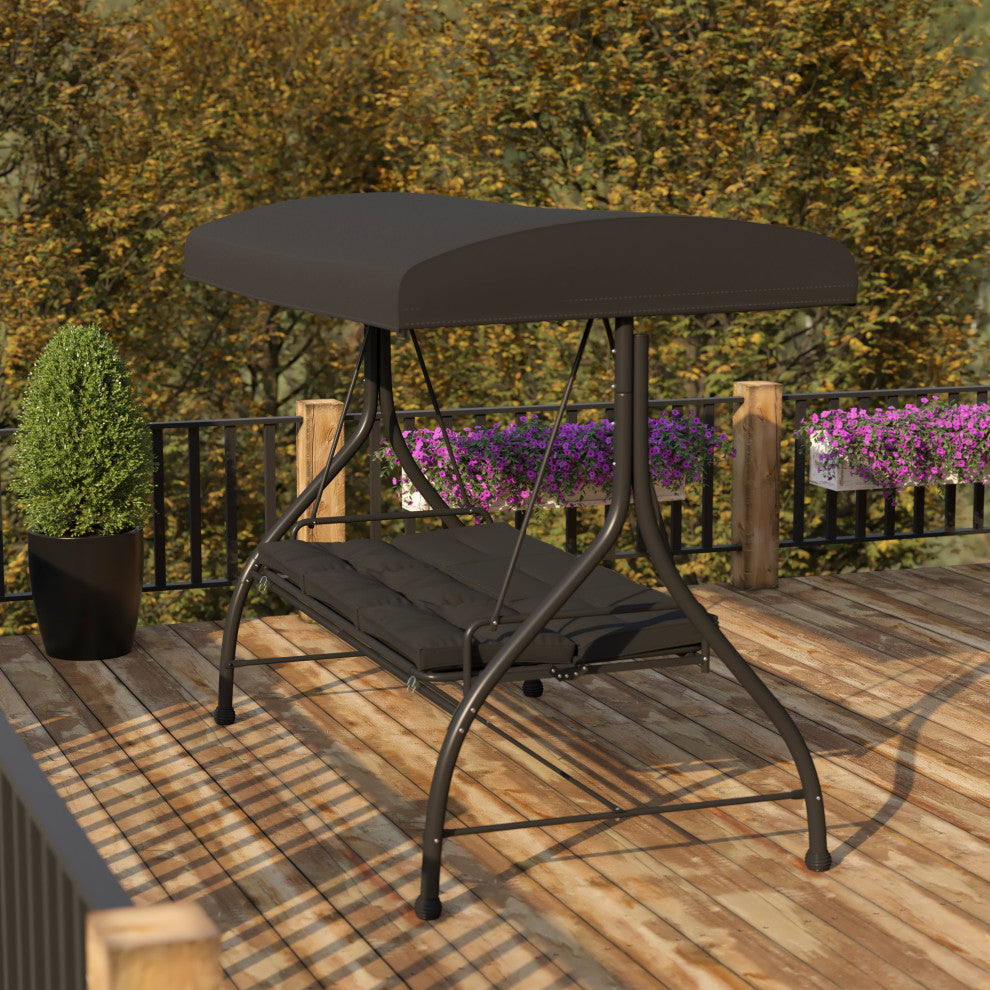 3-Seat Outdoor Steel Converting Patio Swing Canopy Hammock With Cushions, Black