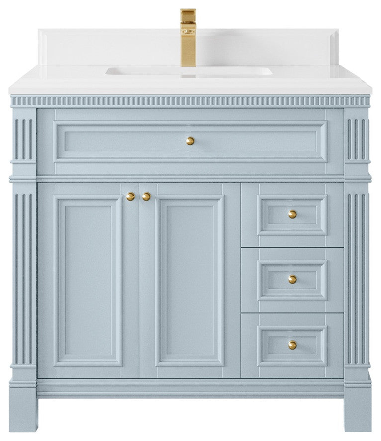 Paris 36" Center Sink Bathroom Vanity, Blue Heather 1.5" White Quartz